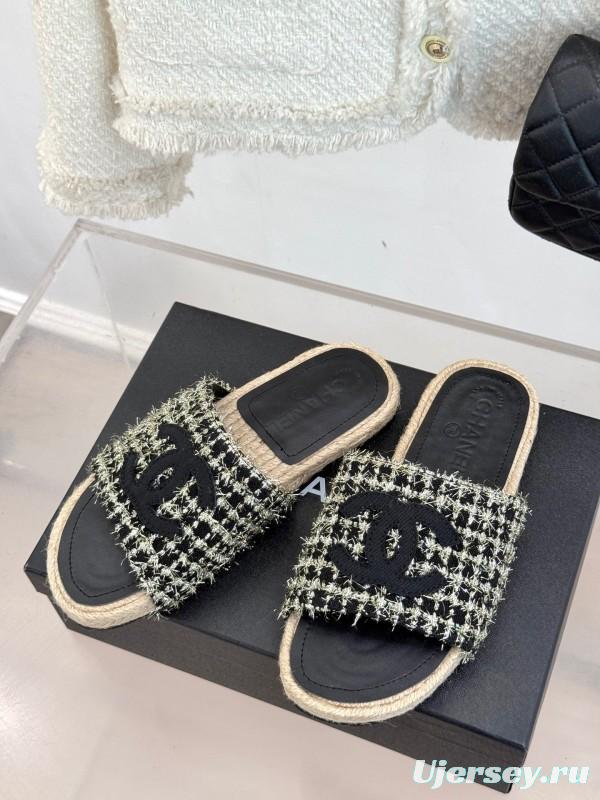 2025 CHANEL Black White Tweed Slippers
