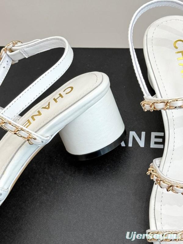 2025 Women Chanel White Leather Chain Strap Sandals