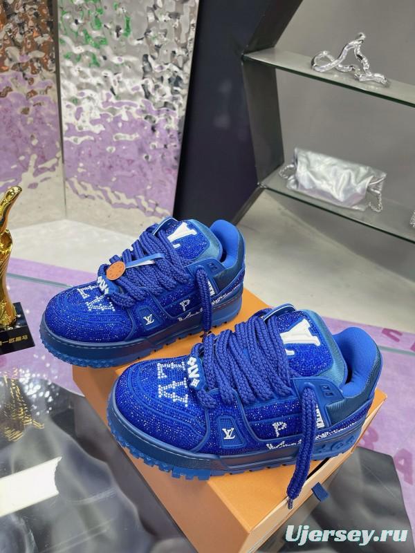 2024 Unisex Louis Vuitton Blue Rhinestone Trainer Sneakers Heat Pressing MJ00430