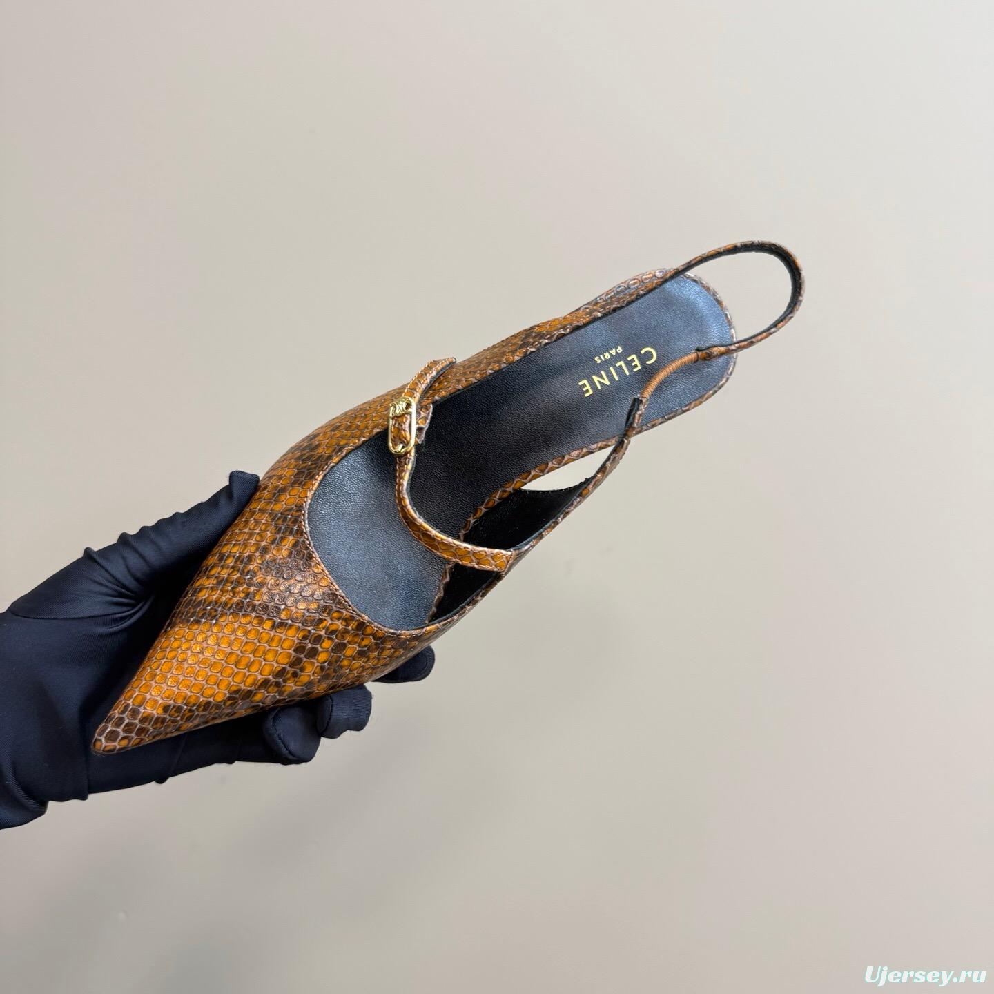 2025 Women Celine Brown Snake Leather Pointed Toe Slingback Heels