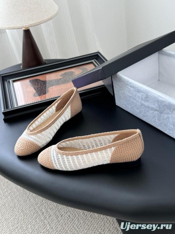 2025 Women Chanel White Beige Leather Mesh Ballet Flats LY00280