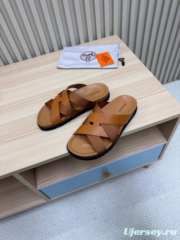 2025 Men Hermès Brown Leather Slippers