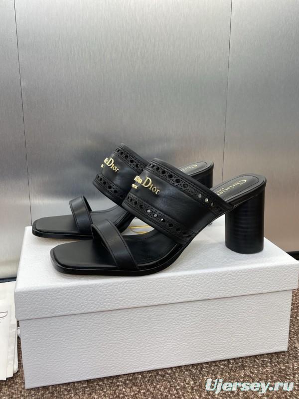 2024 Women Dior Black Leather Slide Sandals