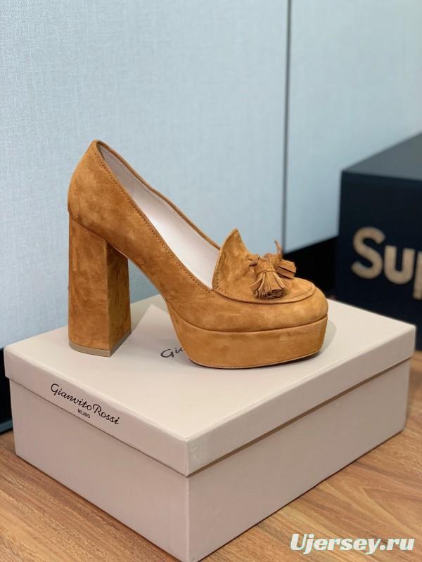 2025 Women Gianvito Rossi Brown Suede Platform Tassel Loafer