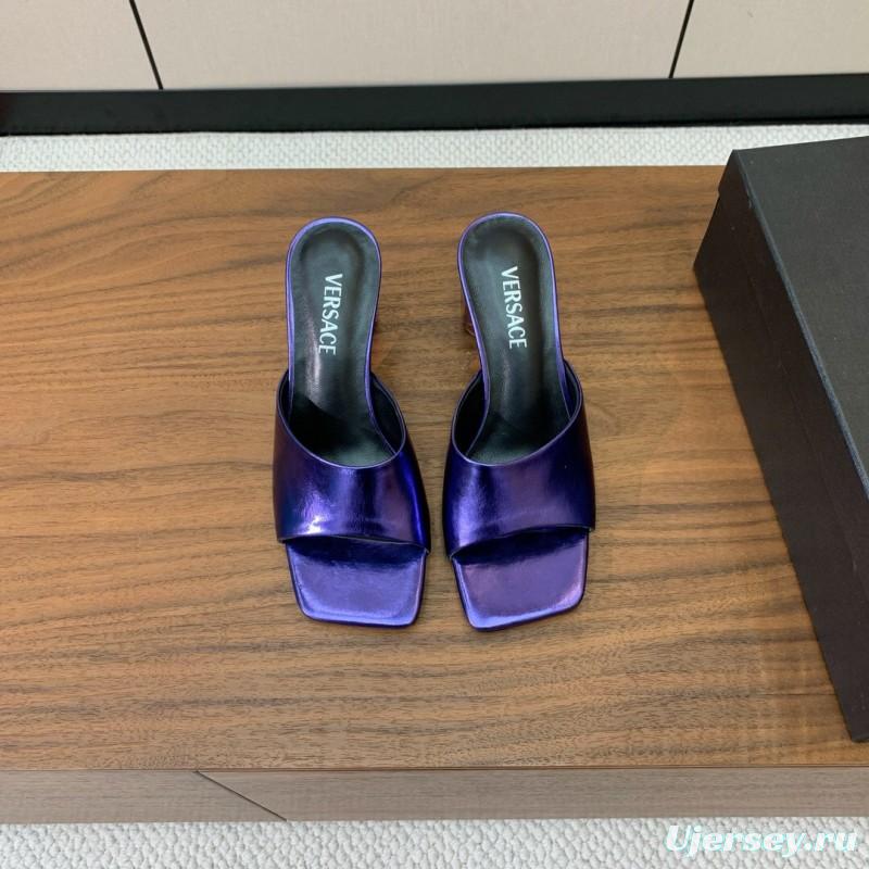 2025 Women VERSACE Purple Leather Slippers