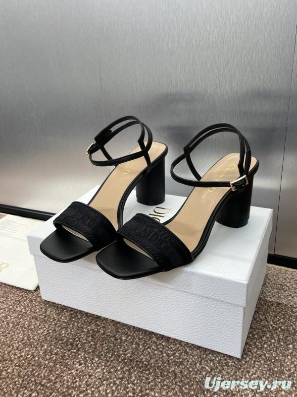 2025 Women Dior Black Leather Fabric Sandals