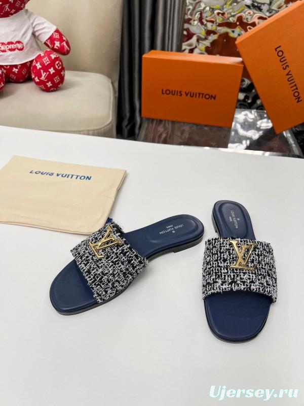 2025 Women Louis Vuitton Navy Tweed Leather Slippers LY00210