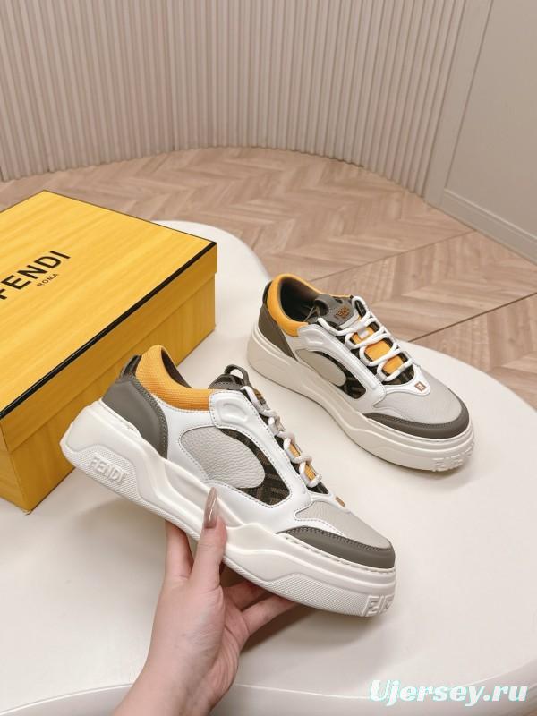 2025 Women Fendi White Grey Yellow Leather Mesh Sneakers