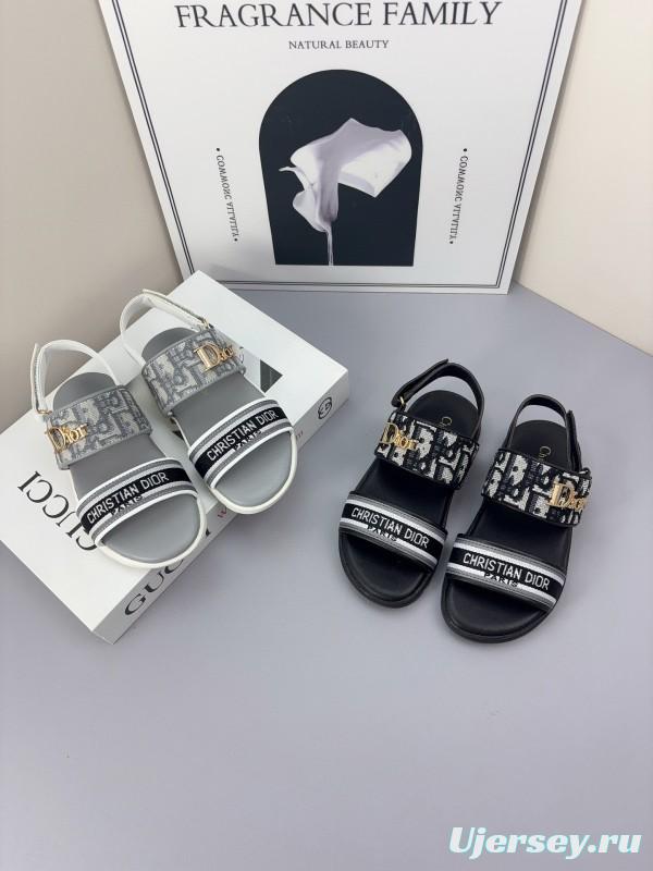 2025 Kids Dior Gray Black Canvas Leather Sandals