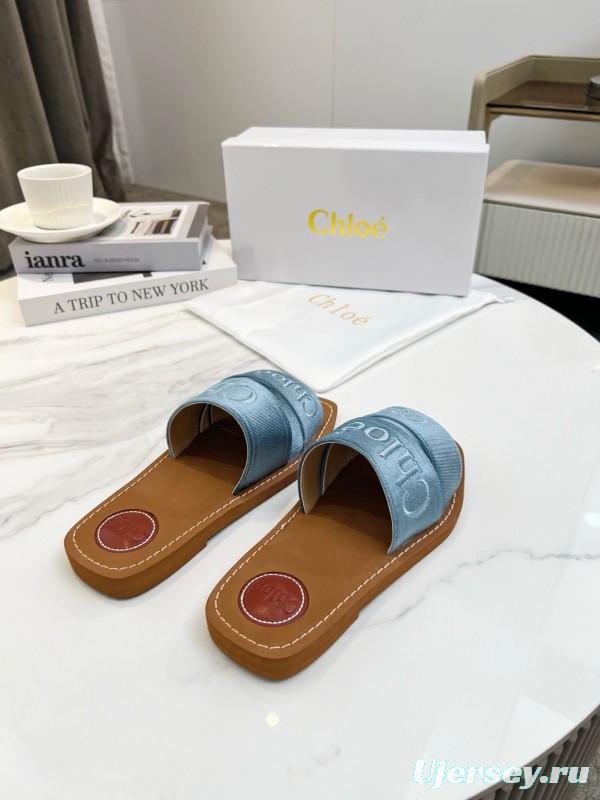 2025 Women Chloé Blue Denim Leather Slippers LY00200