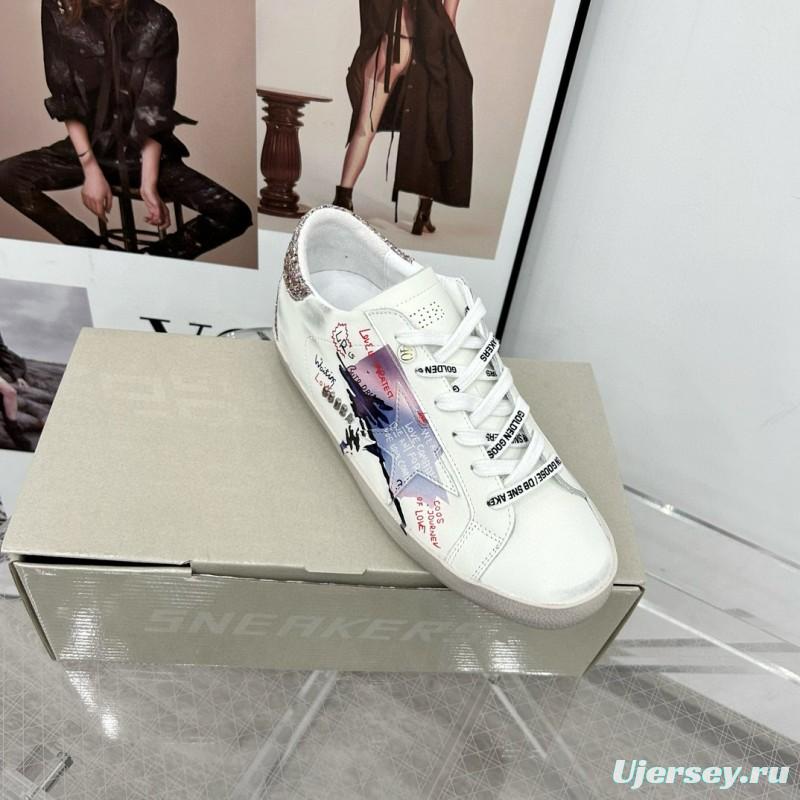 2025 Women GGDB White Blue Leather Sneakers