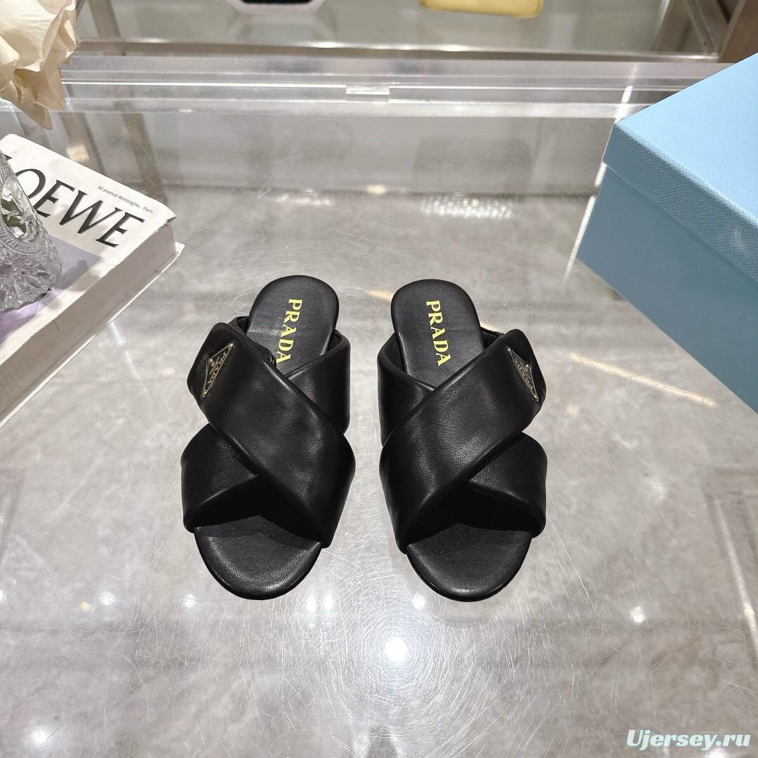 2025 Women Prada Black Leather Slippers