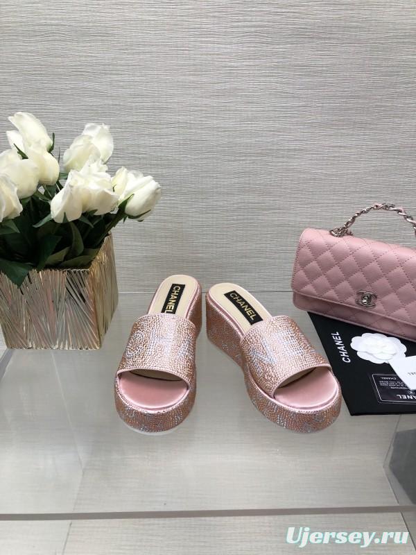 2025 Slippers Chanel Pink Rhinestone Platform Slip-On LY00320