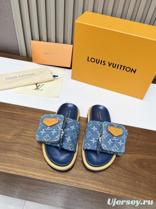 2025 LV Blue Denim Leather Slippers