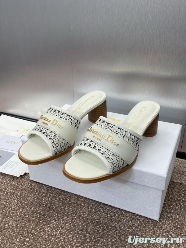 2025 Women Dior White Leather Sandals CD Pattern Low Heel KFY00310