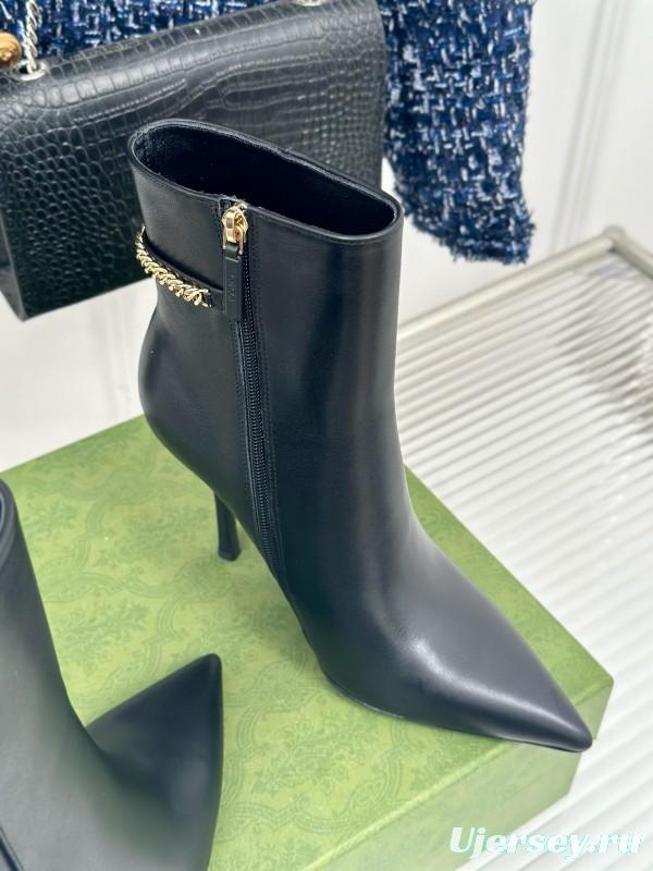 2024 Women Gucci Black Calfskin Leather Ankle Boots Chain MJ00410