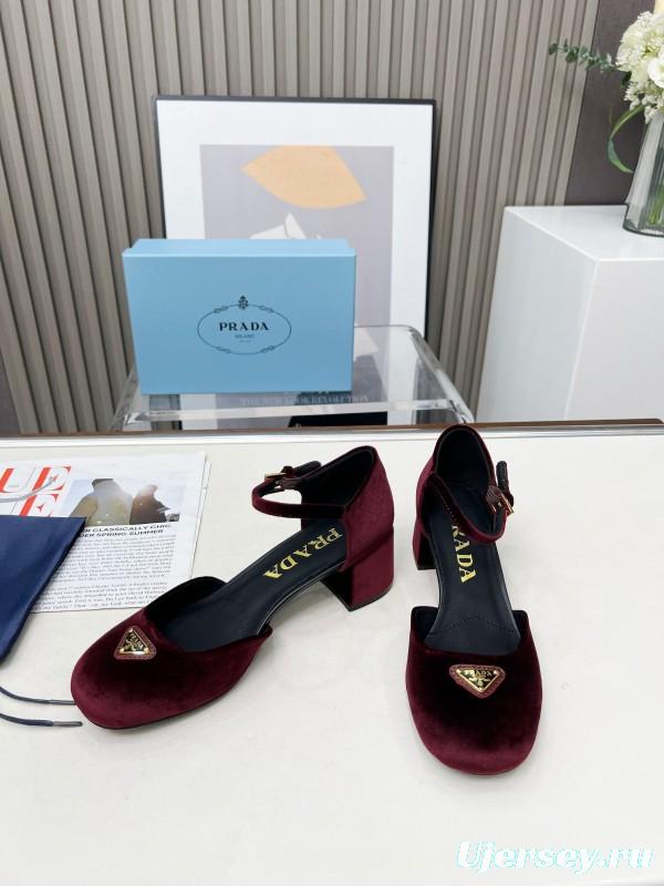 2025 Women Prada Burgundy Velvet Mary Jane Buckle KFY00270