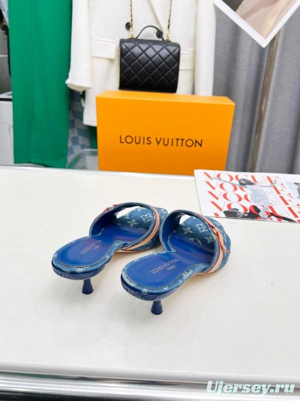 2025 Women Louis Vuitton Denim Blue Leather Heeled Sandals LY00260
