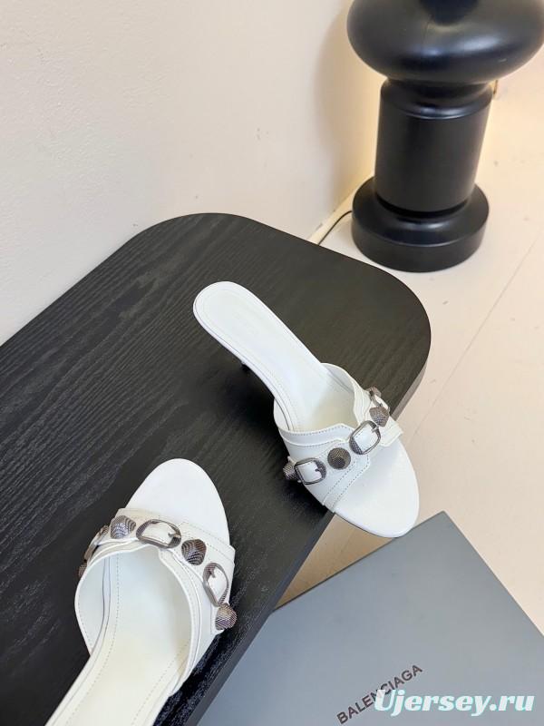2025 Women Balenciaga White Leather Heeled Mules KFY00290