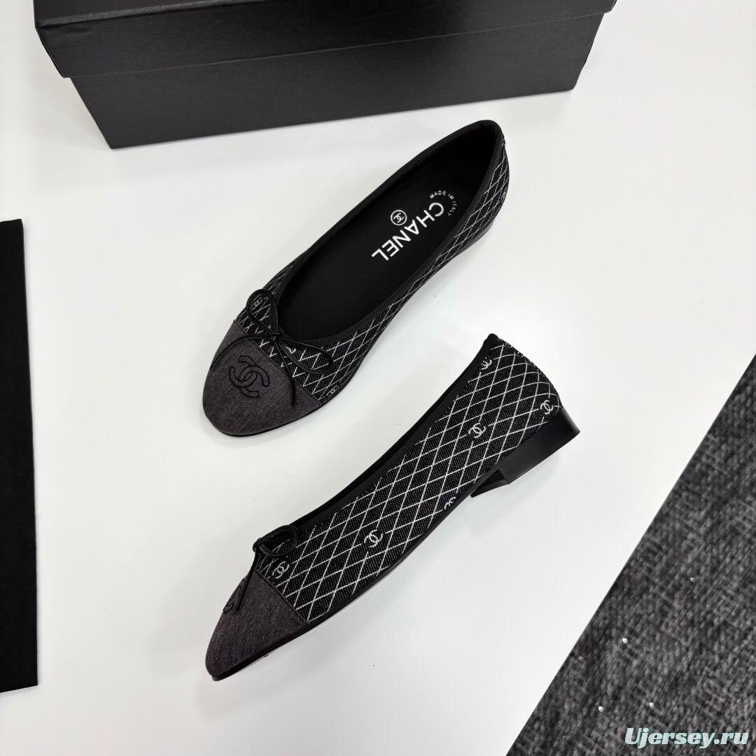 2025 Women Chanel Black Grey Fabric Leather Ballet Flat LY00360
