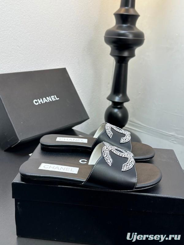 2025 Women Chanel Black Leather Rhinestone Logo Slide Sandals LY00360(F)