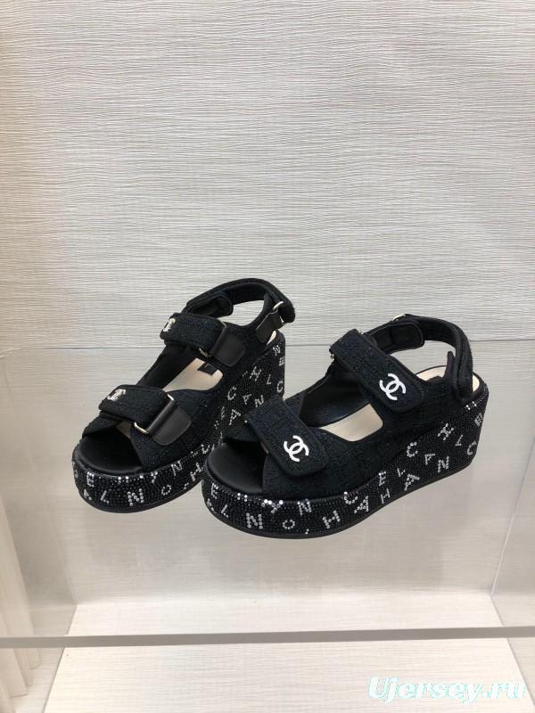 2025 Women Chanel Black Fabric Platform Sandals LY00330