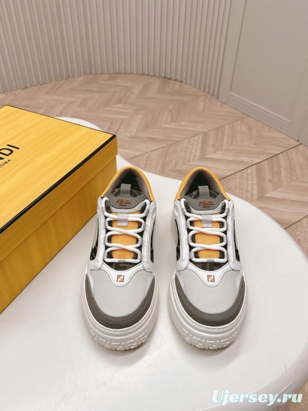 2025 Women Fendi White Grey Yellow Leather Mesh Sneakers
