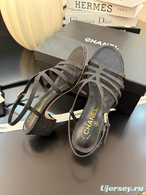 2025 Women Chanel Black Leather Sandals KFY00289