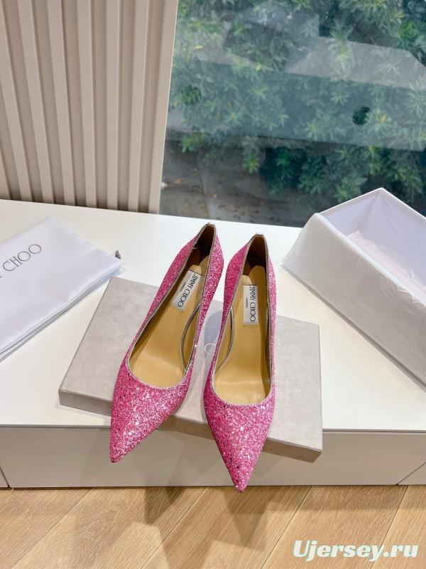 2025 Women Jimmy Choo Pink Glitter Leather High Heels KFY00280