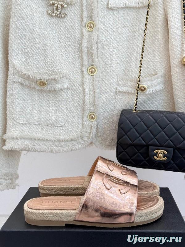 2025 Slippers Chanel Rose Gold Leather Women Espadrille Handmade KFY00230