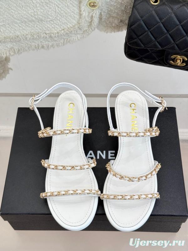 2025 Women Chanel White Leather Chain Strap Sandals