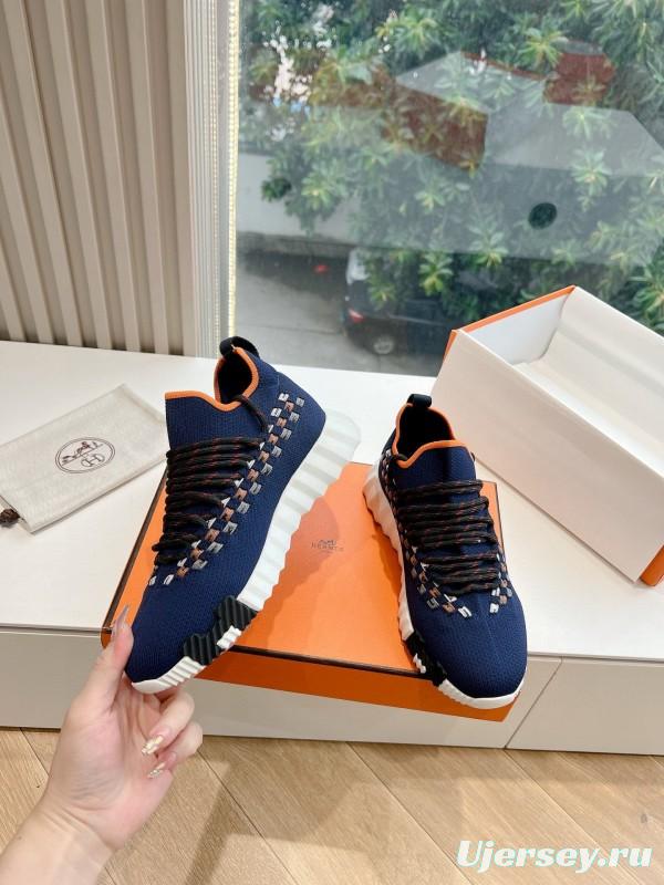 2024 Unisex Hermès Navy Orange Knit Leather Sneakers