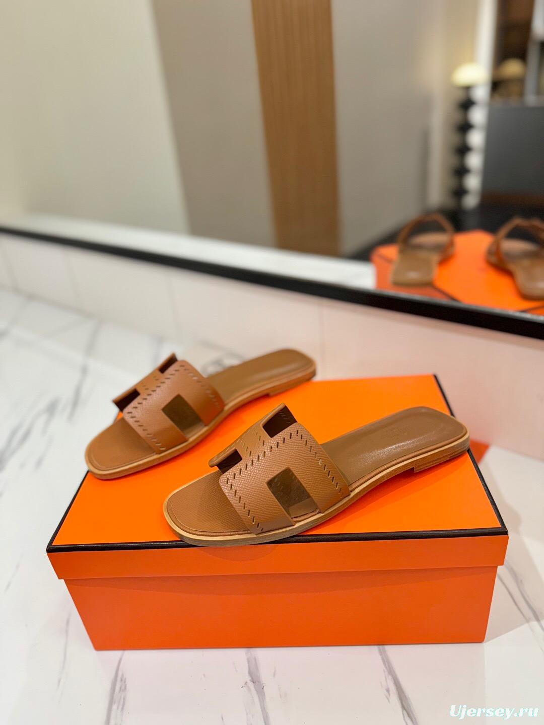 2025 Women Hermès Brown Leather Slippers