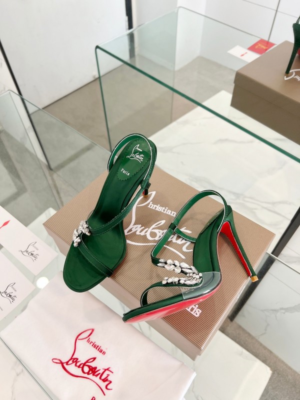 2025 Women Christian Louboutin Green Silk High Heel Crystal Sandal LY00300