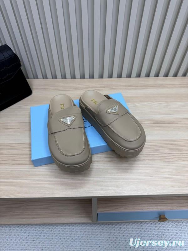 2025 Women Prada Beige Leather Slippers