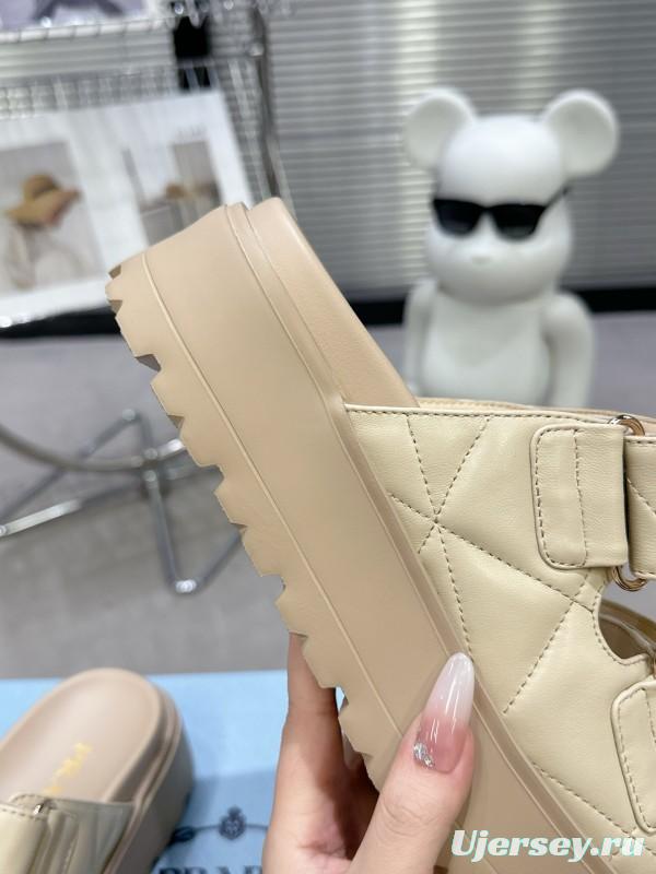 2025 Women Prada Beige Leather Slippers KFY00290