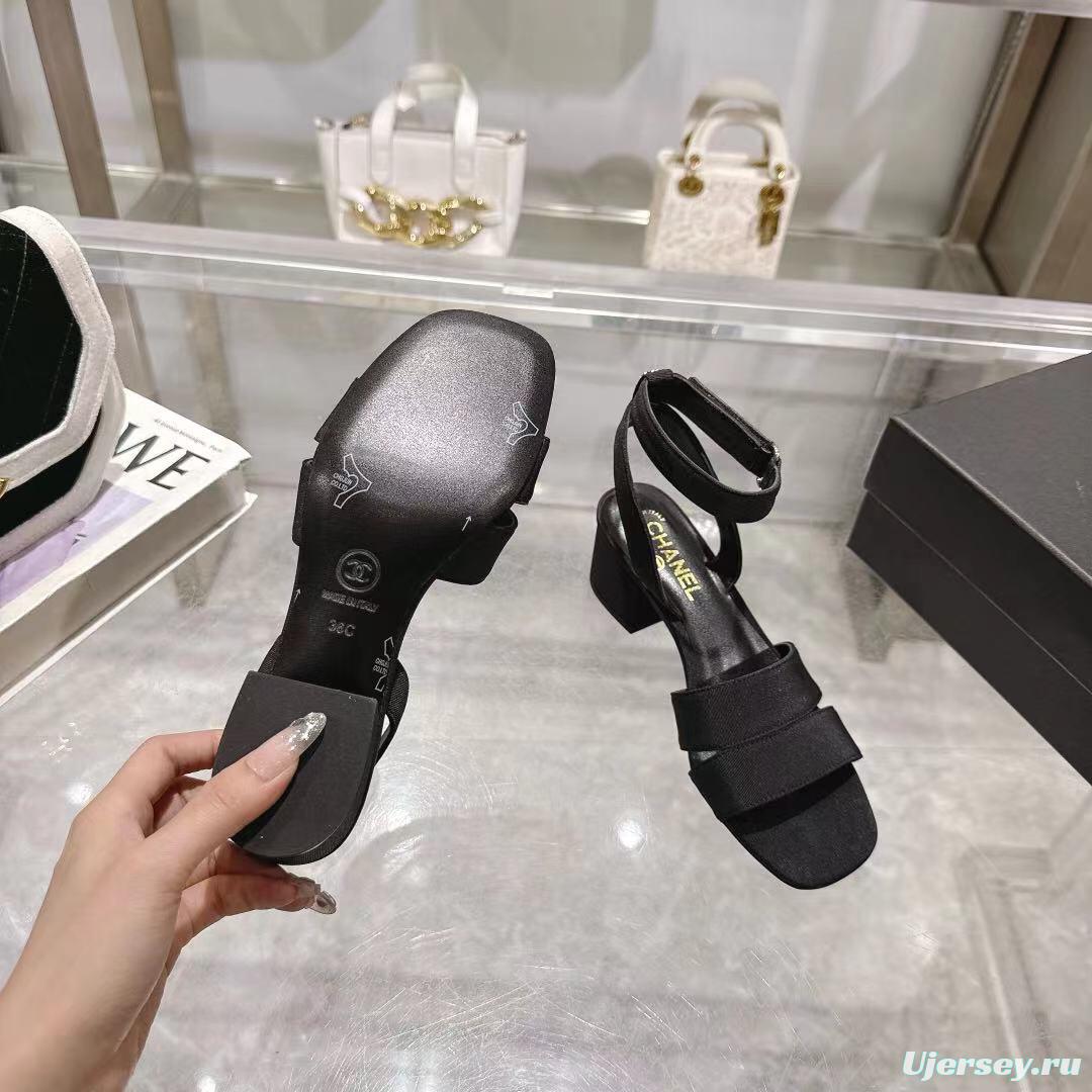 2025 Women Chanel Black Fabric Leather Sandals LY00280