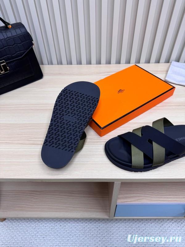 2025 Men Hermès Black Green Fabric Leather Slippers