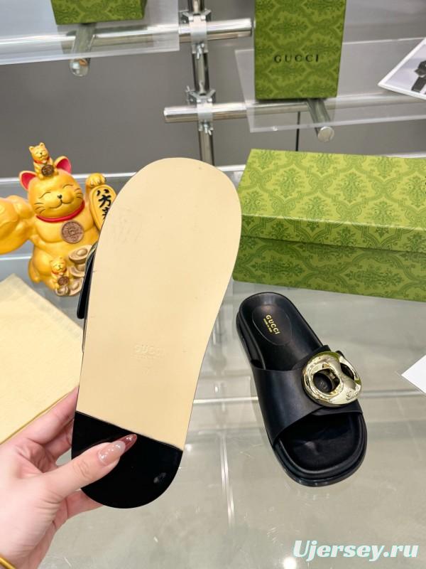 2025 Gucci Black Leather Slippers KFY00210
