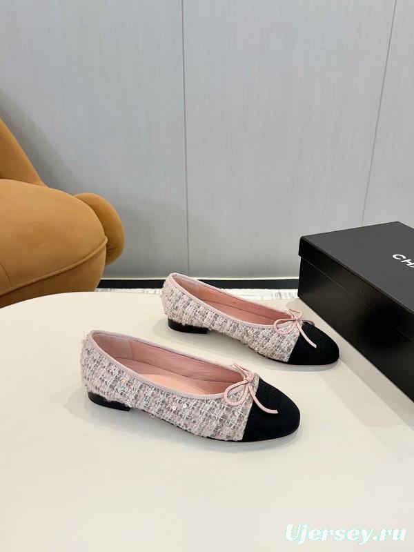 2025 Women Chanel Pink Black Sheepskin Tweed Ballet Flat LY00250