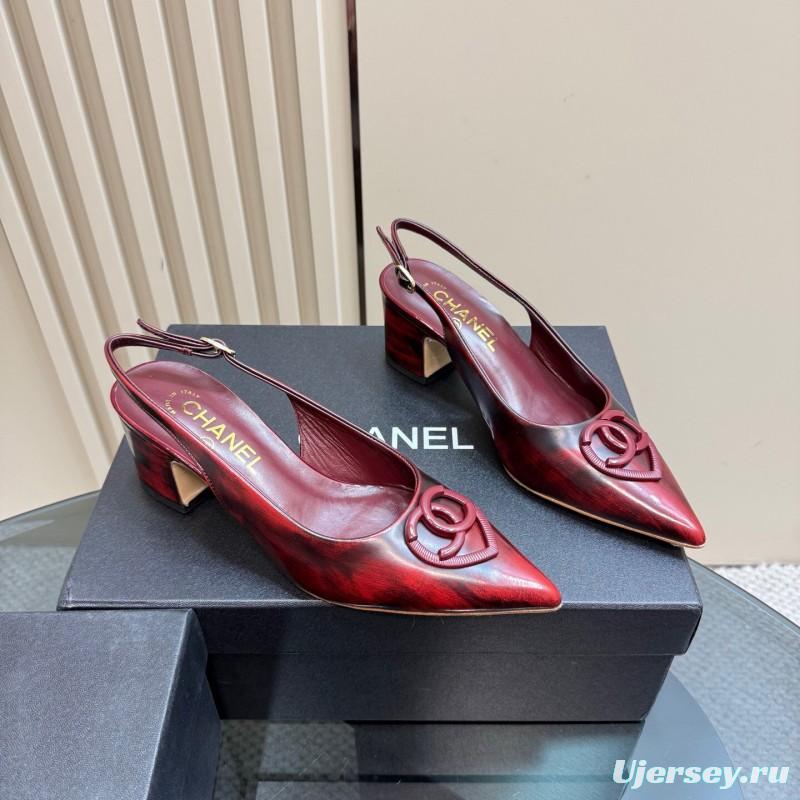 2025 Women Chanel Burgundy Leather Slingback Heels KFY00290