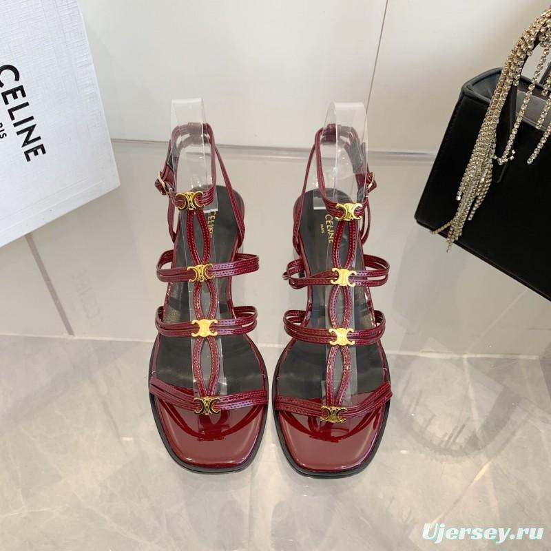 2025 Women Celine Burgundy Patent Leather Sandals KFY00300