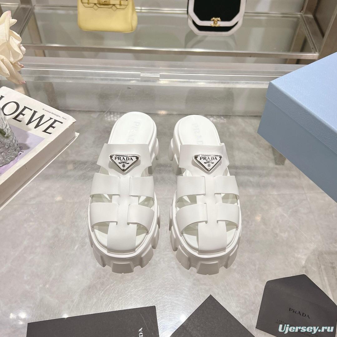 2025 Women Prada White Leather Slippers LY00250