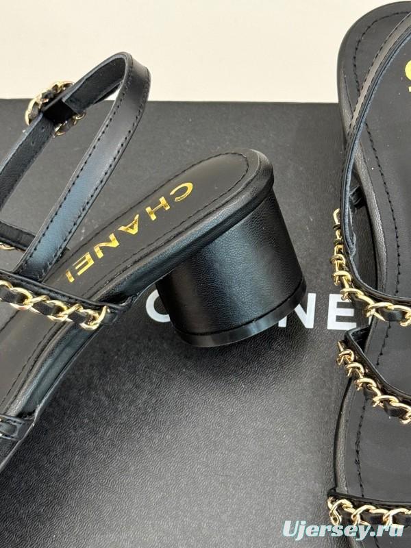 2025 Women Chanel Black Leather Sandals Chain KFY00270