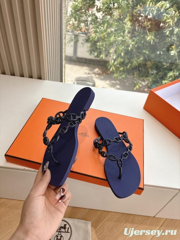 2025 Women Hermès Purple Rubber Chain Thong Sandals LY00360(F)