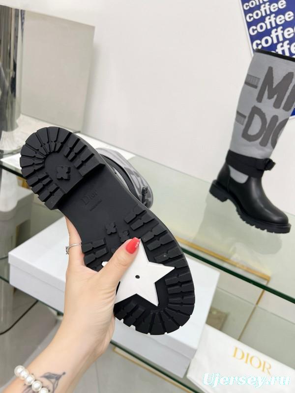 2024 Women Dior Black Grey Leather Fabric Knee High Boots