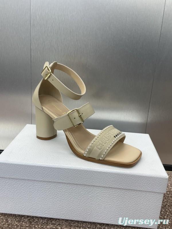 2025 Women Dior Beige Leather Sandals Ankle Strap KFY00320