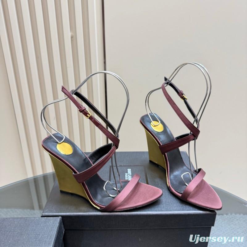 2025 Women Yves Saint Laurent Burgundy Suede Wedge Sandals Elegant Strappy Design KFY00290 (F)