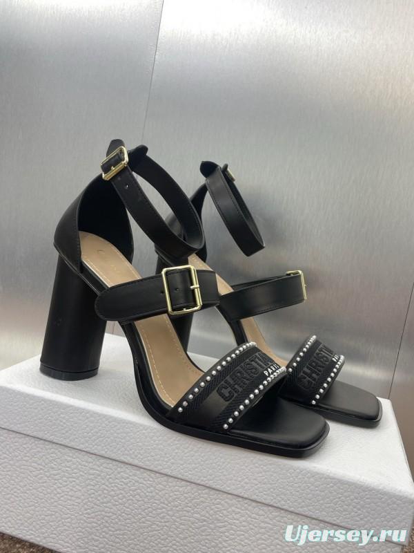 2025 Women Dior Black Leather High Heel Sandals Studded KFY00320