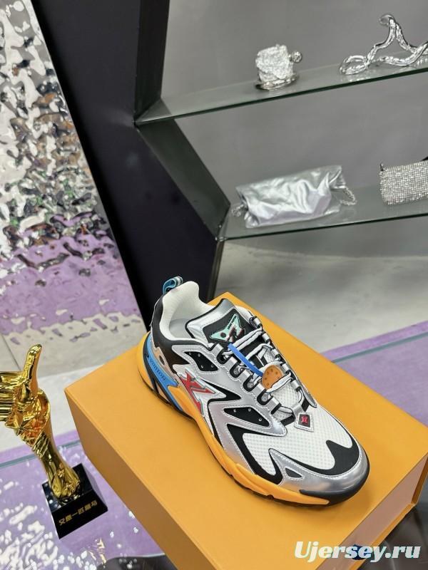 2025 Men Louis Vuitton White Black Blue Leather Mesh Sneakers MJ00420